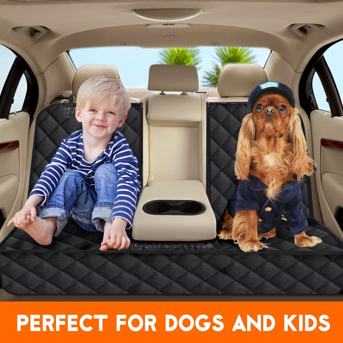 Dog Car Seat Cover, Back Seat Cover for Dogs Pet Car Seat Protector Waterproof Rear Seat Cover, Fits Middle Armrest for Most Cars y Suvs (53” Width)- Black