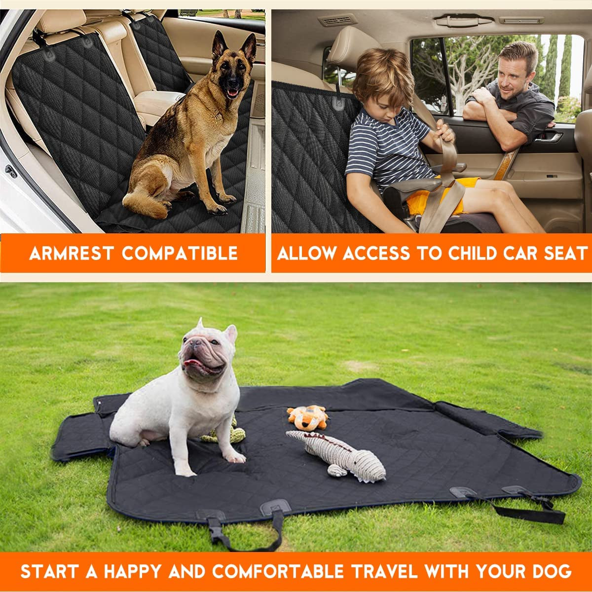 Dog Car Seat Cover, Back Seat Cover for Dogs Pet Car Seat Protector Waterproof Rear Seat Cover, Fits Middle Armrest for Most Cars y Suvs (53” Width)- Black